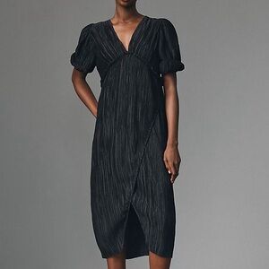 Anthropologie Black V-Neck Pleated Slim Midi Dress